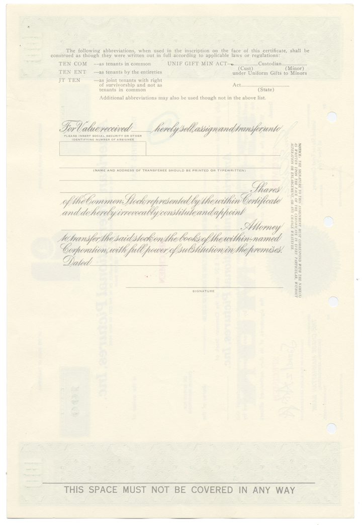 American International Pictures, Inc. Specimen Stock Certificate