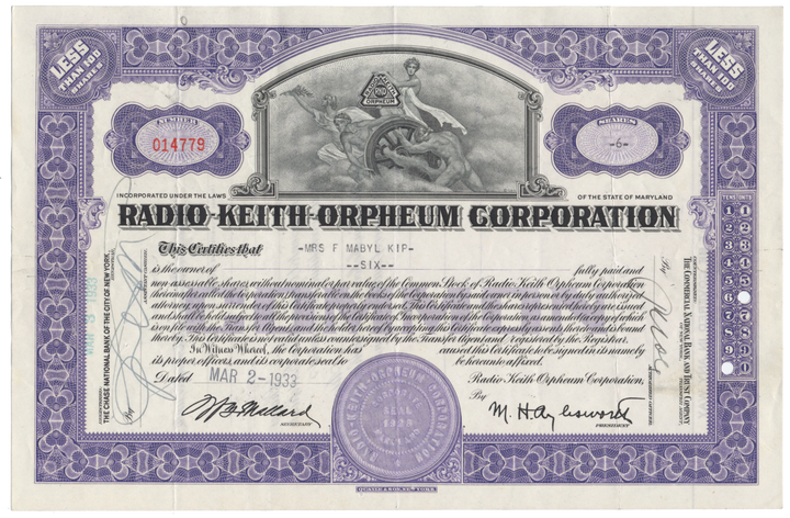 Radio-Keith-Orpheum Corporation Stock Certificate