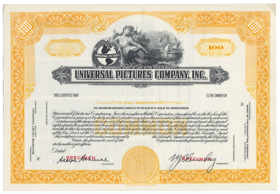 Universal Pictures Company, Inc. Specimen Stock Certificate