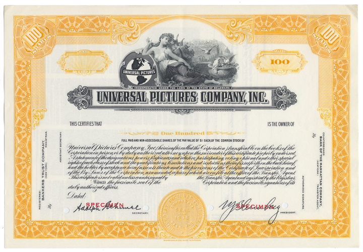 Universal Pictures Company, Inc. Specimen Stock Certificate