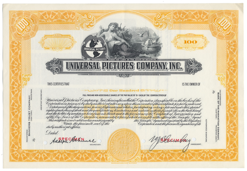 Universal Pictures Company, Inc. Specimen Stock Certificate