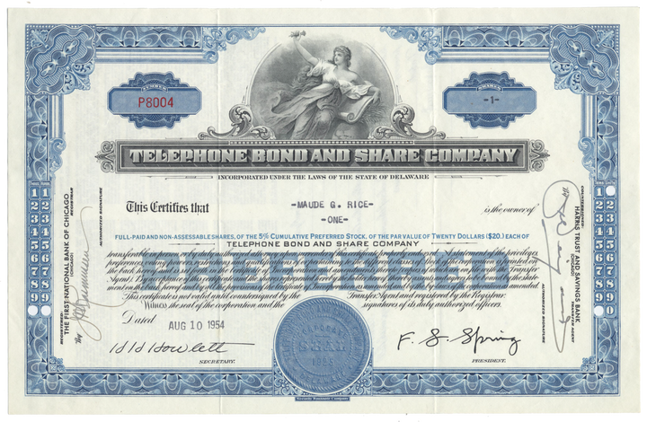 Telephone Bond and Share Company Stock Certificate