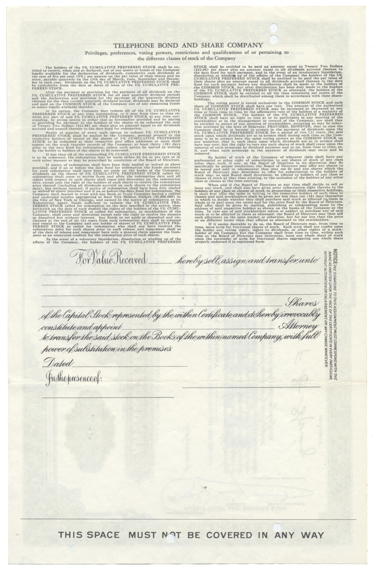 Telephone Bond and Share Company Stock Certificate