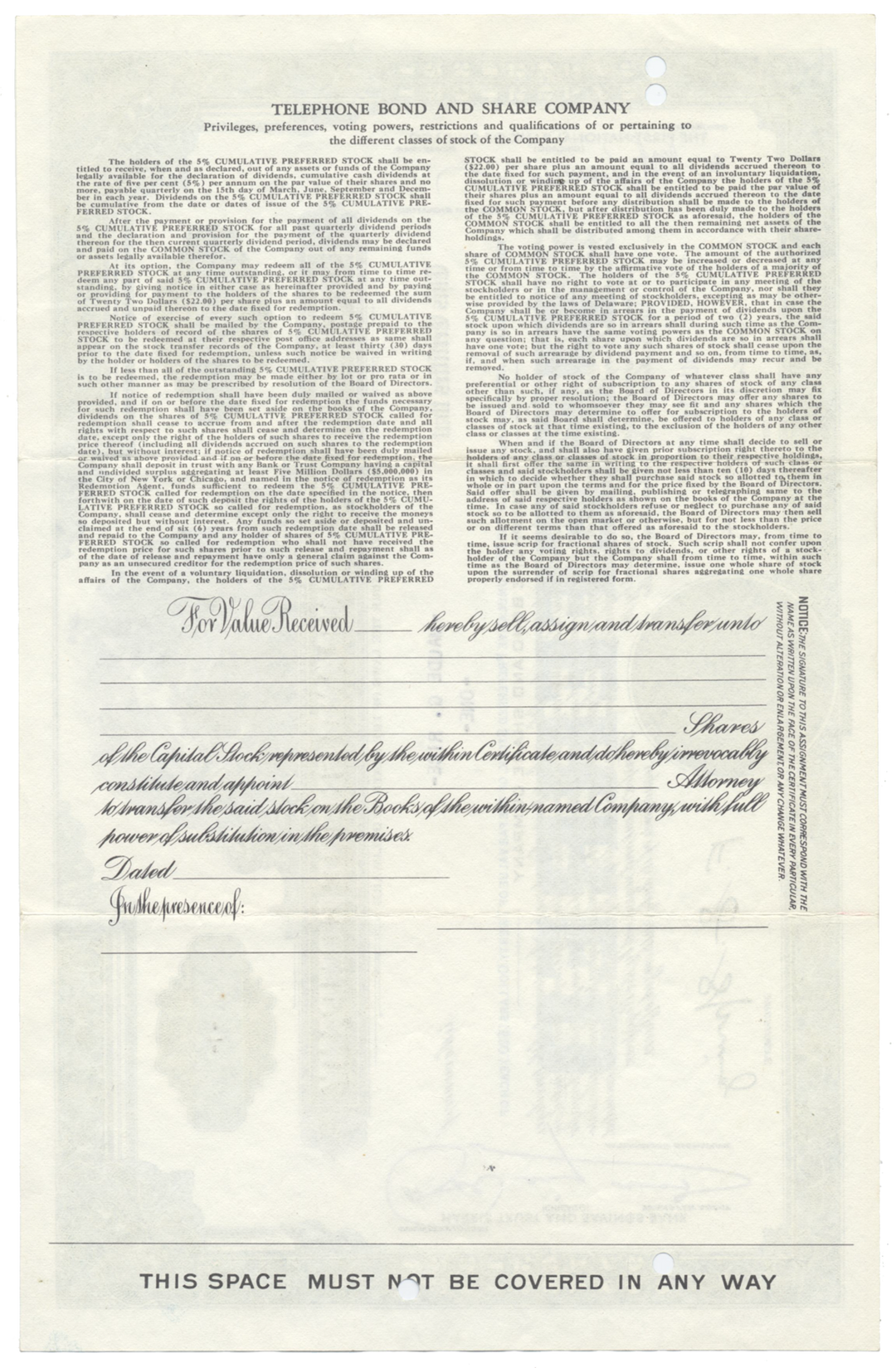 Telephone Bond and Share Company Stock Certificate