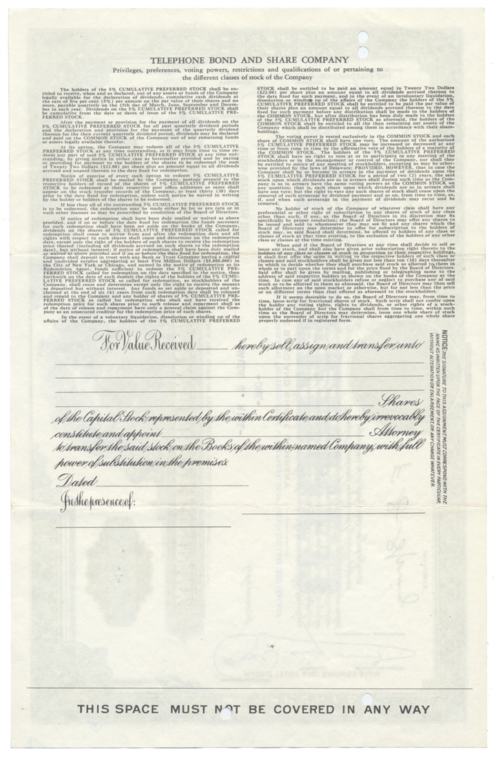 Telephone Bond and Share Company Stock Certificate