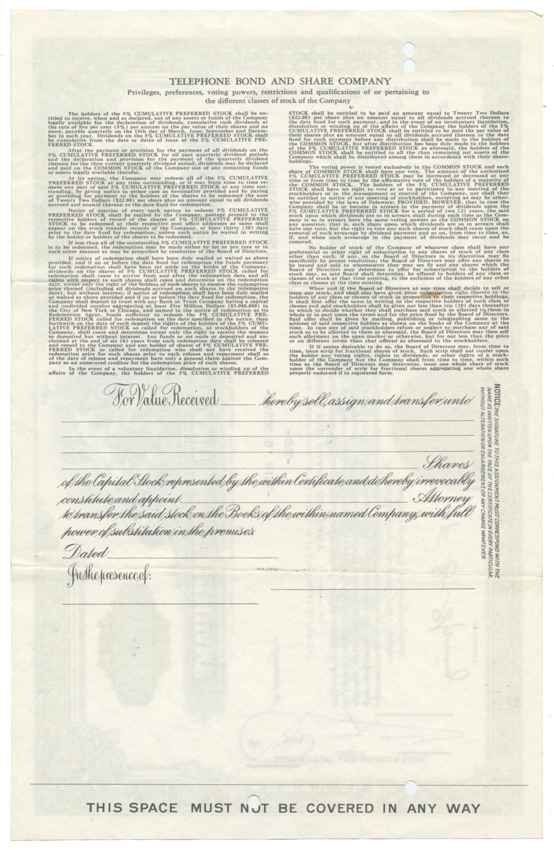 Telephone Bond and Share Company Stock Certificate