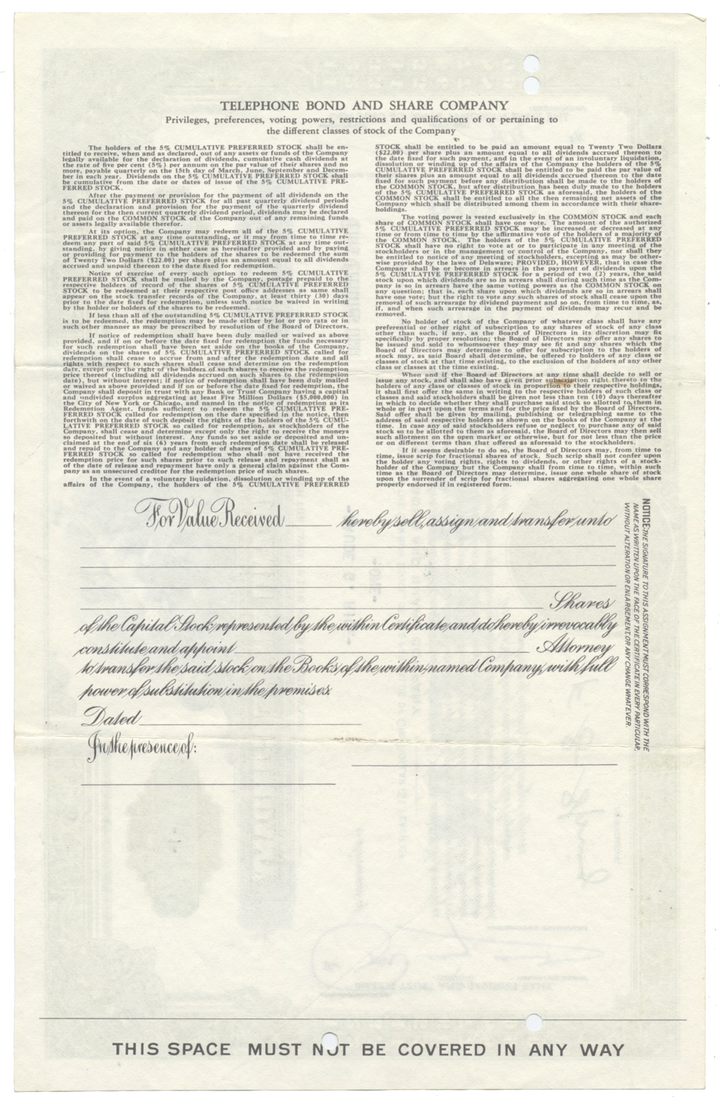 Telephone Bond and Share Company Stock Certificate