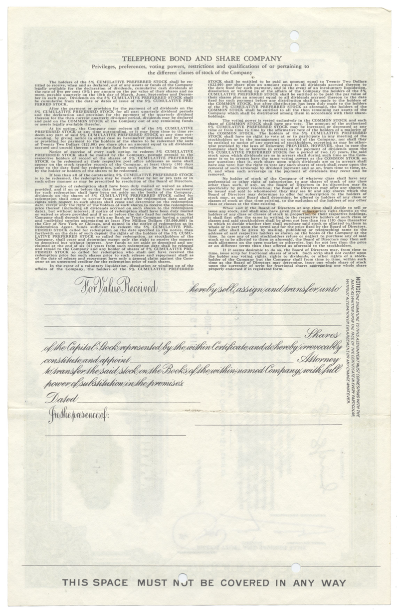 Telephone Bond and Share Company Stock Certificate