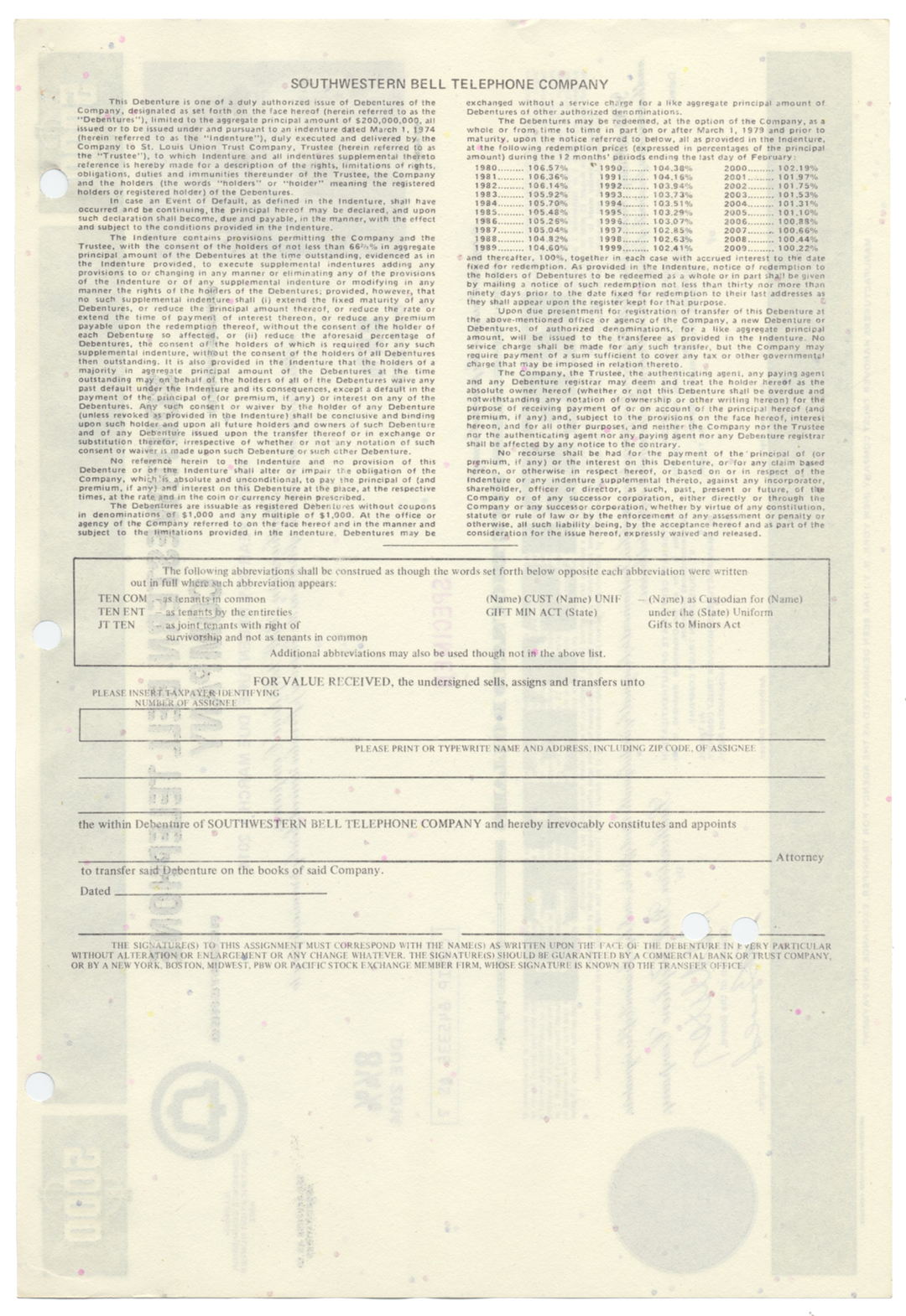 Southwestern Bell Telephone Company Specimen Bond Certificate