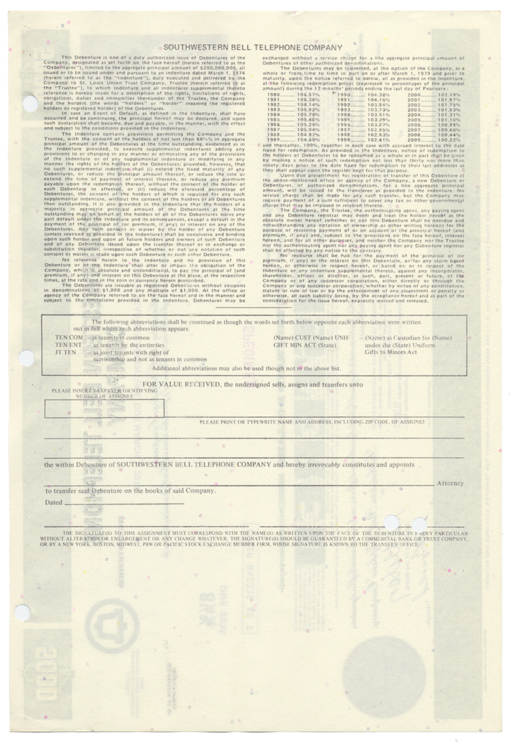 Southwestern Bell Telephone Company Specimen Bond Certificate