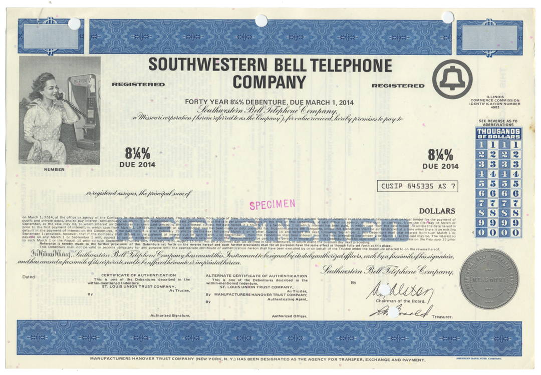 Southwestern Bell Telephone Company Specimen Bond Certificate