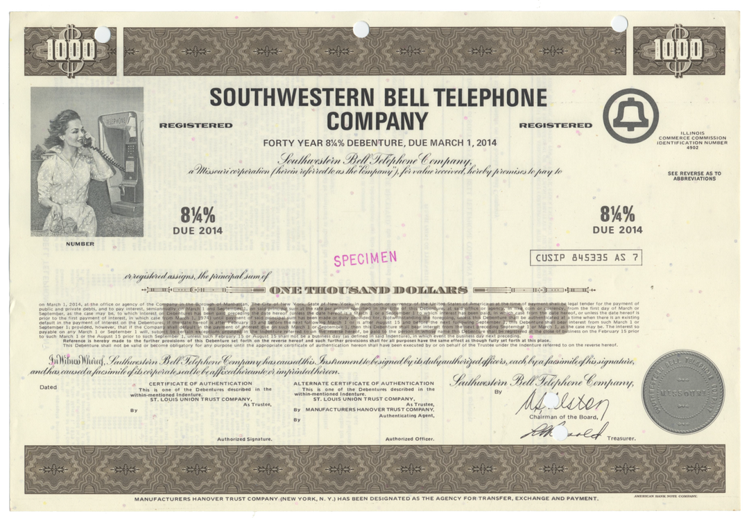 Southwestern Bell Telephone Company Specimen Bond Certificate