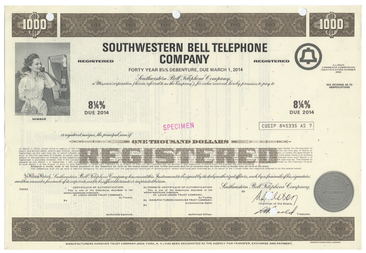 Southwestern Bell Telephone Company Specimen Bond Certificate