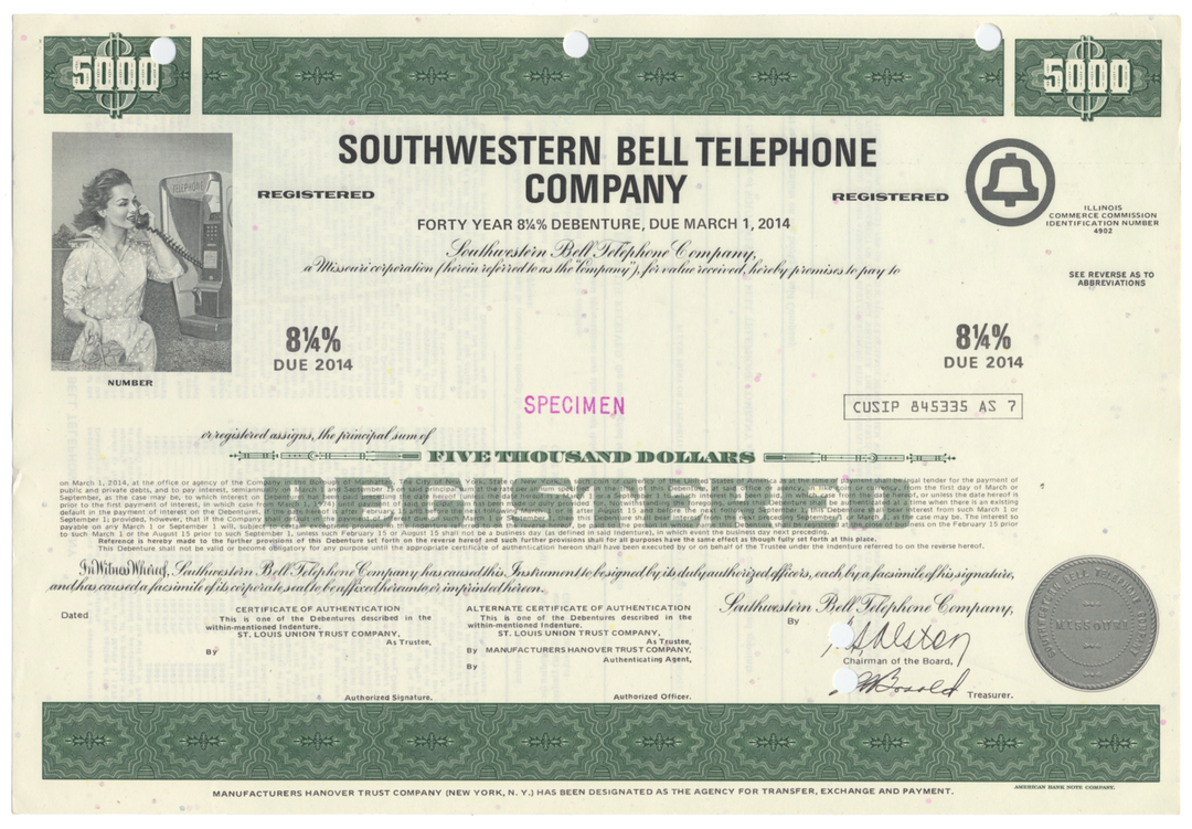 Southwestern Bell Telephone Company Specimen Bond Certificate