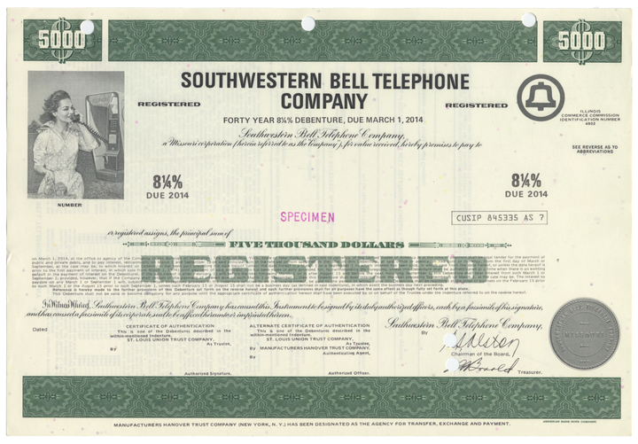 Southwestern Bell Telephone Company Specimen Bond Certificate