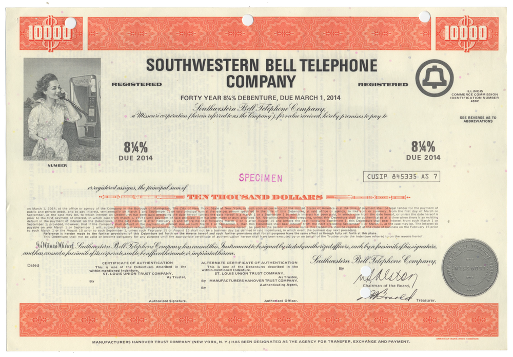 Southwestern Bell Telephone Company Specimen Bond Certificate