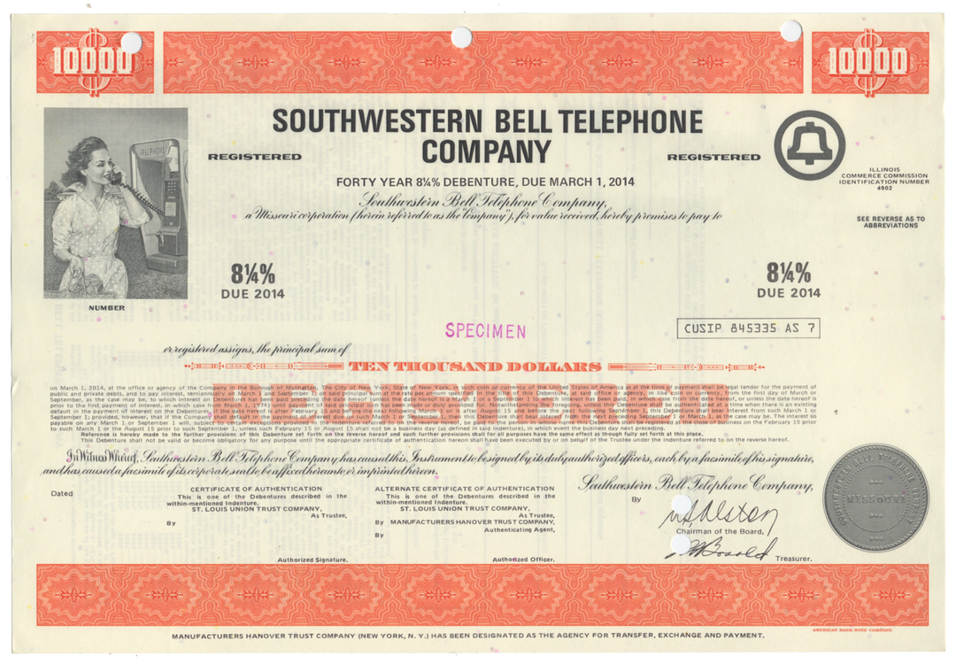 Southwestern Bell Telephone Company Specimen Bond Certificate