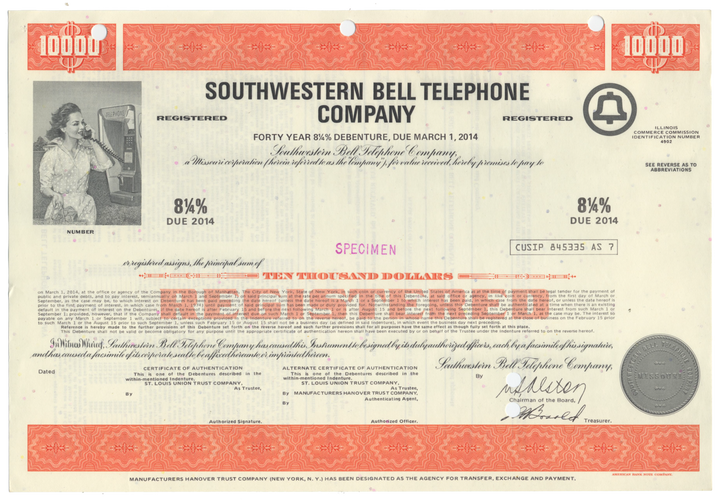 Southwestern Bell Telephone Company Specimen Bond Certificate