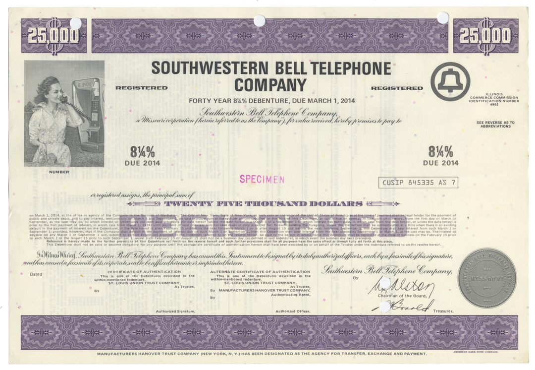 Southwestern Bell Telephone Company Specimen Bond Certificate