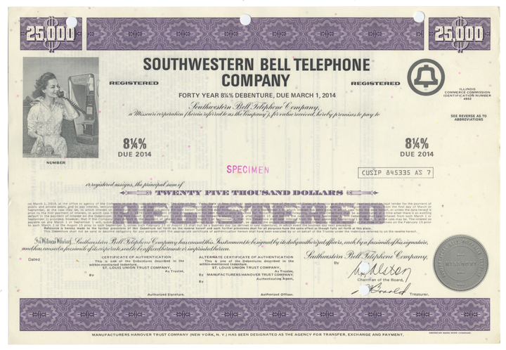 Southwestern Bell Telephone Company Specimen Bond Certificate