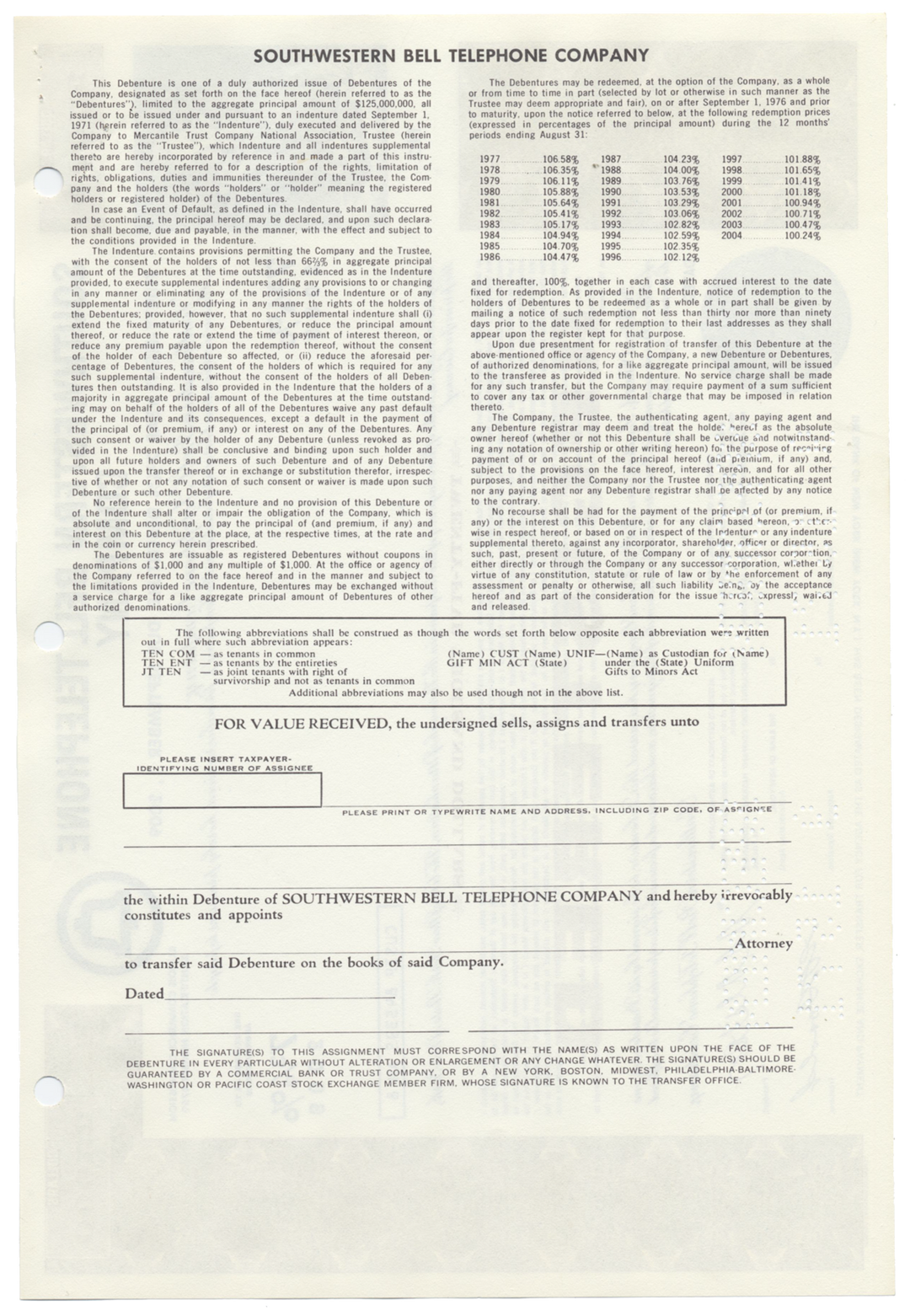 Southwestern Bell Telephone Company Specimen Bond Certificate