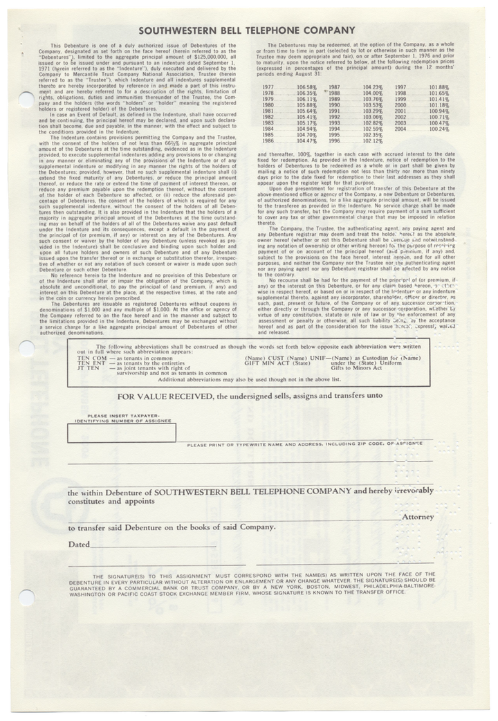 Southwestern Bell Telephone Company Specimen Bond Certificate