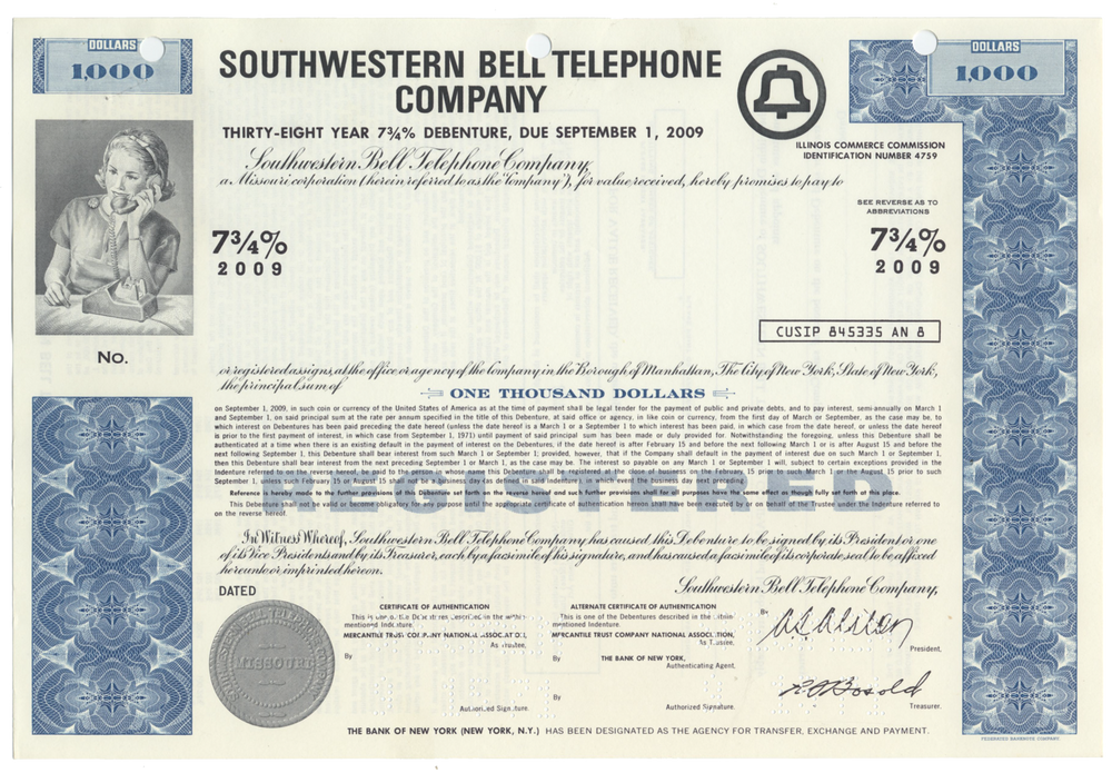 Southwestern Bell Telephone Company Specimen Bond Certificate