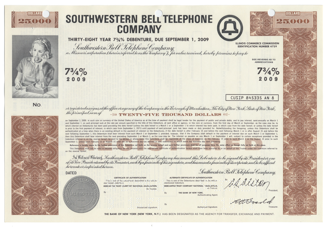 Southwestern Bell Telephone Company Specimen Bond Certificate