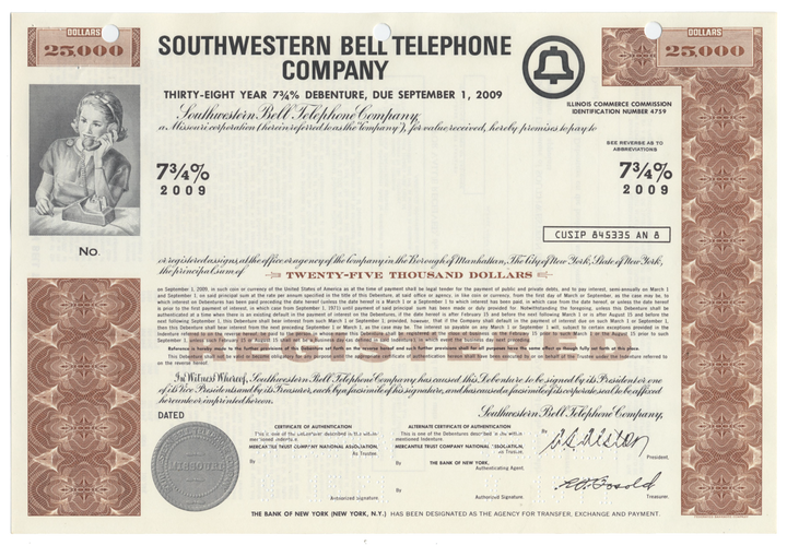 Southwestern Bell Telephone Company Specimen Bond Certificate