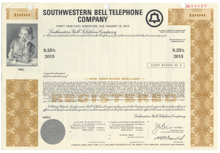 Southwestern Bell Telephone Company Specimen Bond Certificate