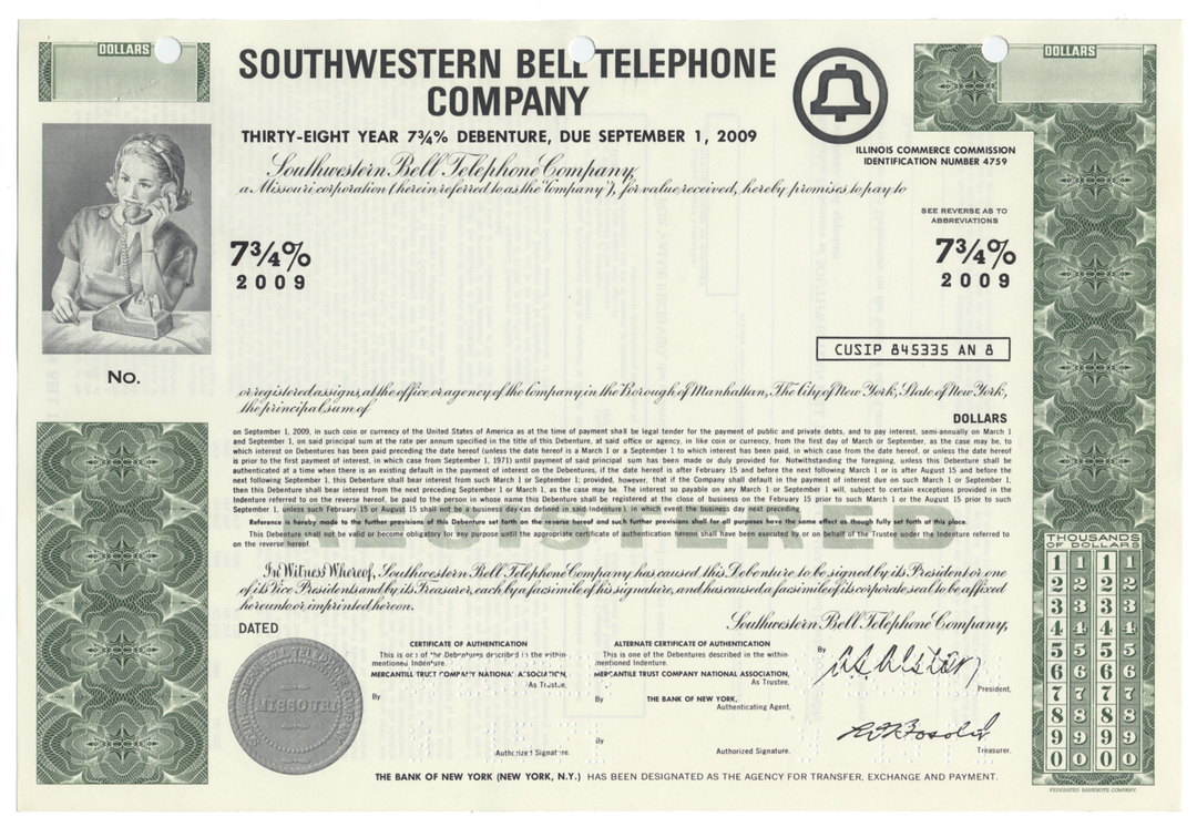 Southwestern Bell Telephone Company Specimen Bond Certificate