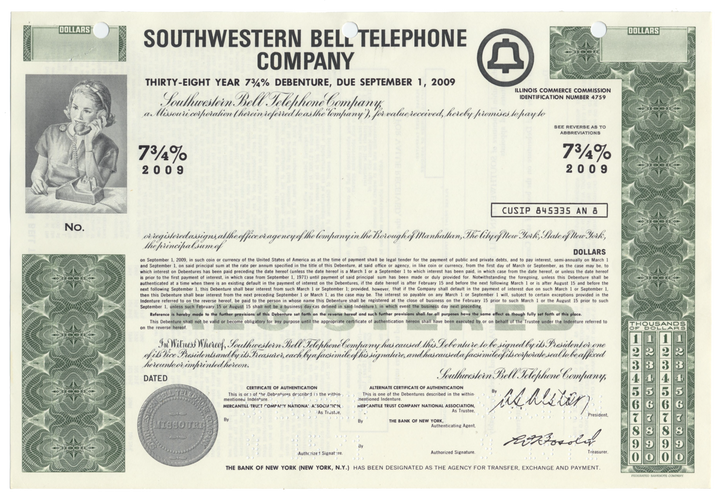 Southwestern Bell Telephone Company Specimen Bond Certificate