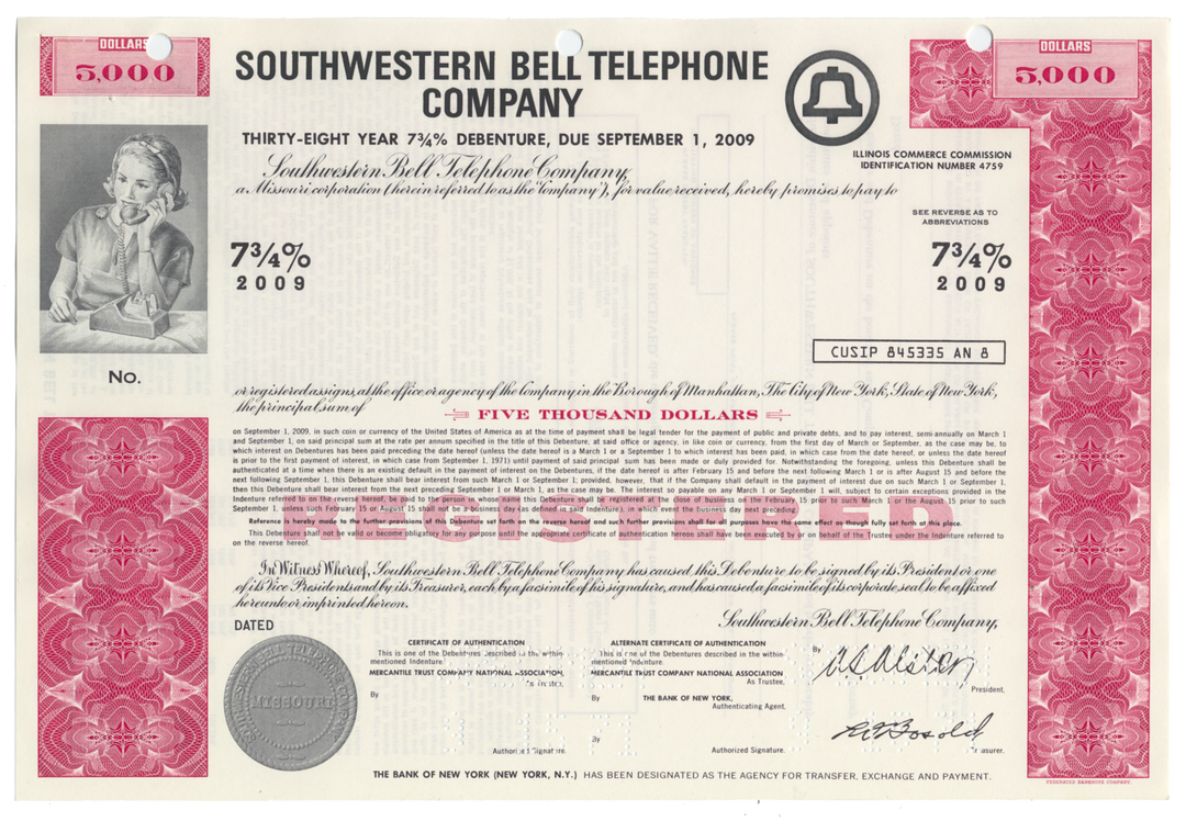 Southwestern Bell Telephone Company Specimen Bond Certificate