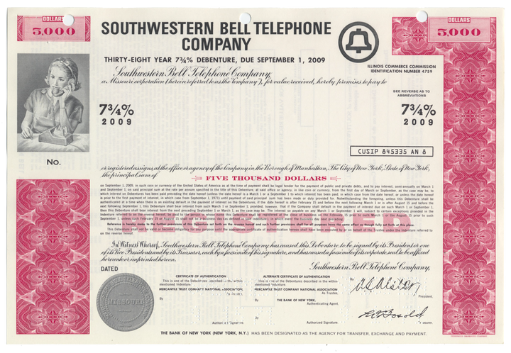 Southwestern Bell Telephone Company Specimen Bond Certificate