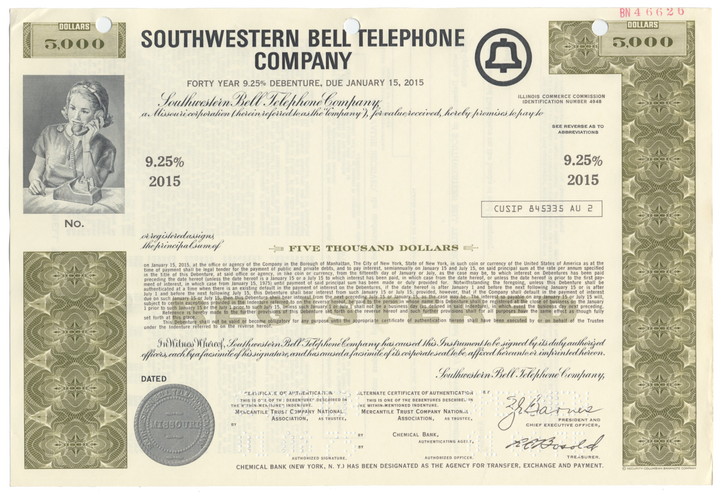 Southwestern Bell Telephone Company Specimen Bond Certificate