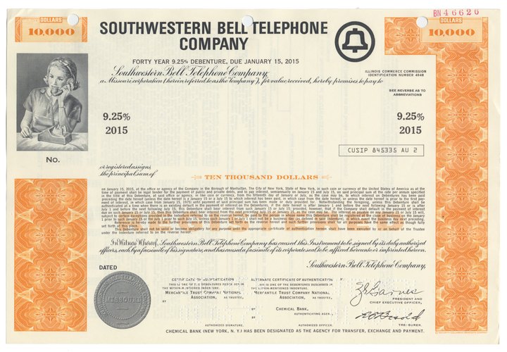 Southwestern Bell Telephone Company Specimen Bond Certificate