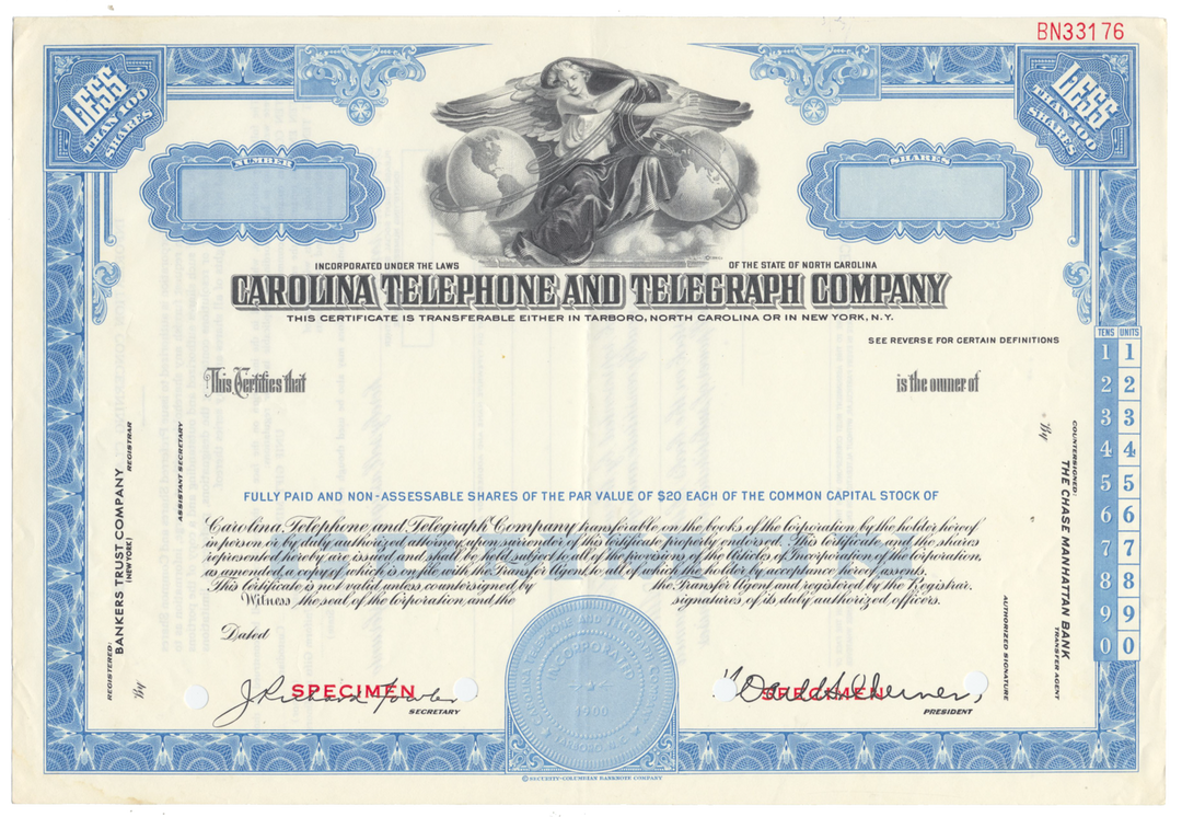 Carolina Telephone and Telegraph Company Specimen Stock Certificate