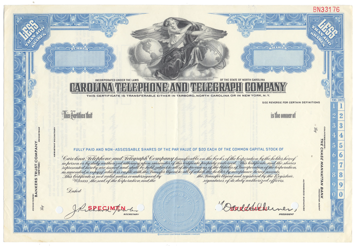 Carolina Telephone and Telegraph Company Specimen Stock Certificate