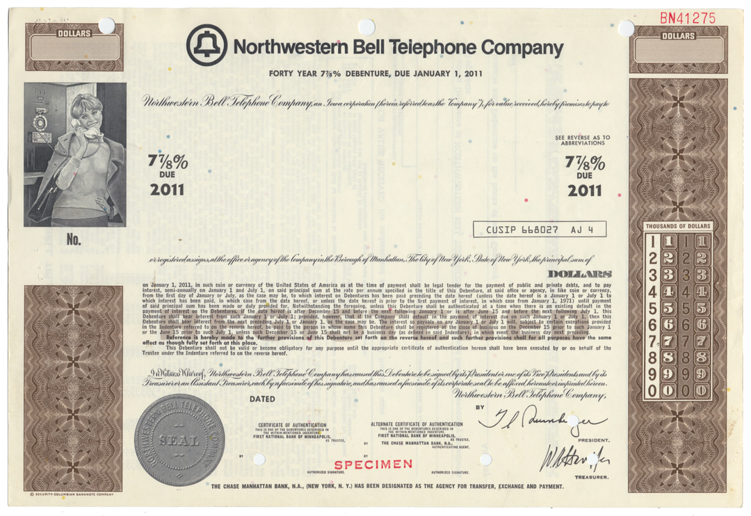 Northwestern Bell Telephone Company Specimen Bond Certificate