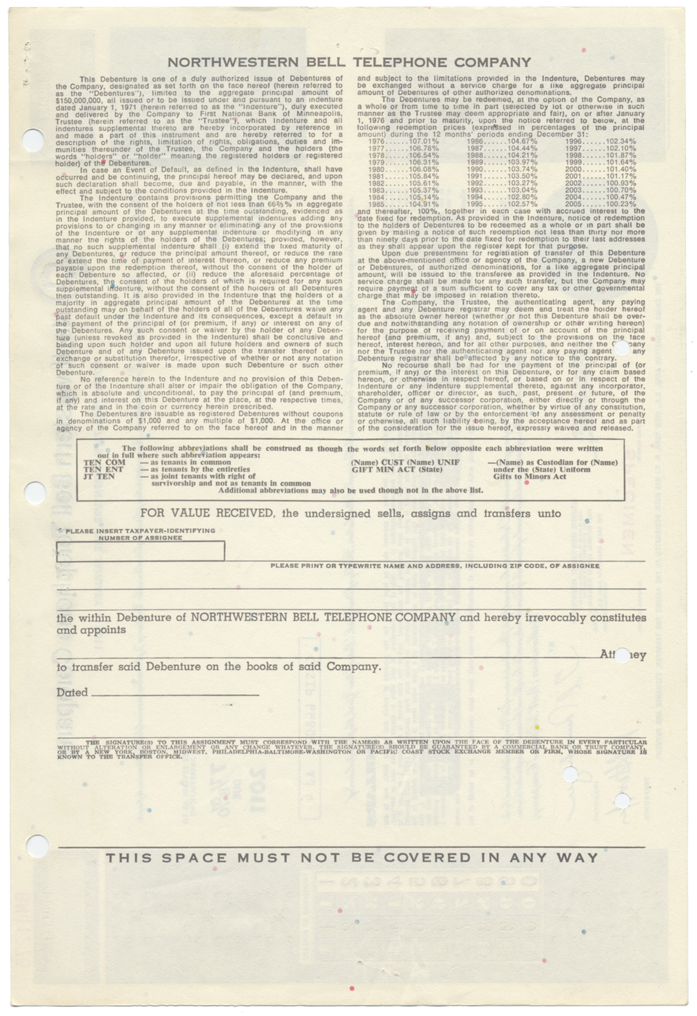 Northwestern Bell Telephone Company Specimen Bond Certificate