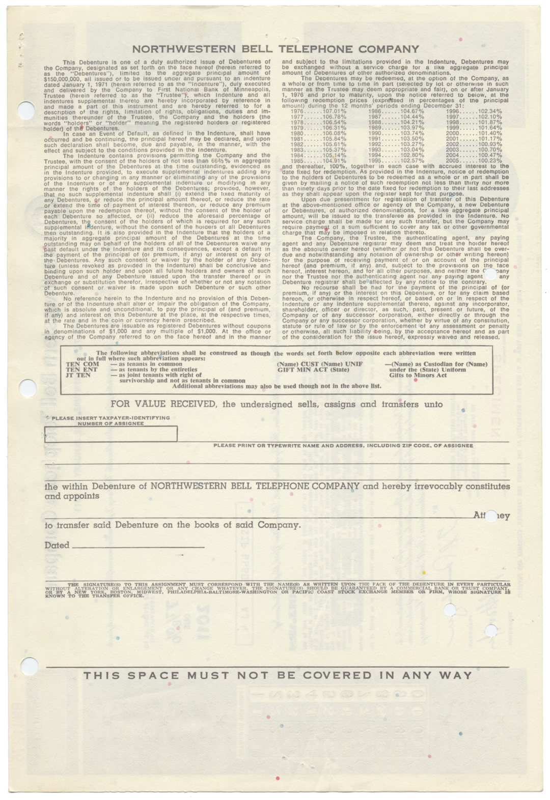 Northwestern Bell Telephone Company Specimen Bond Certificate