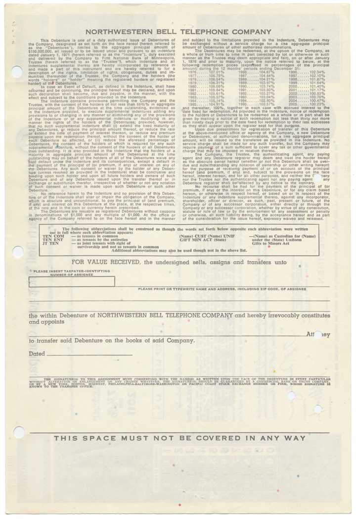 Northwestern Bell Telephone Company Specimen Bond Certificate