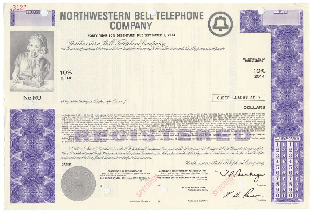 Northwestern Bell Telephone Company Specimen Bond Certificate