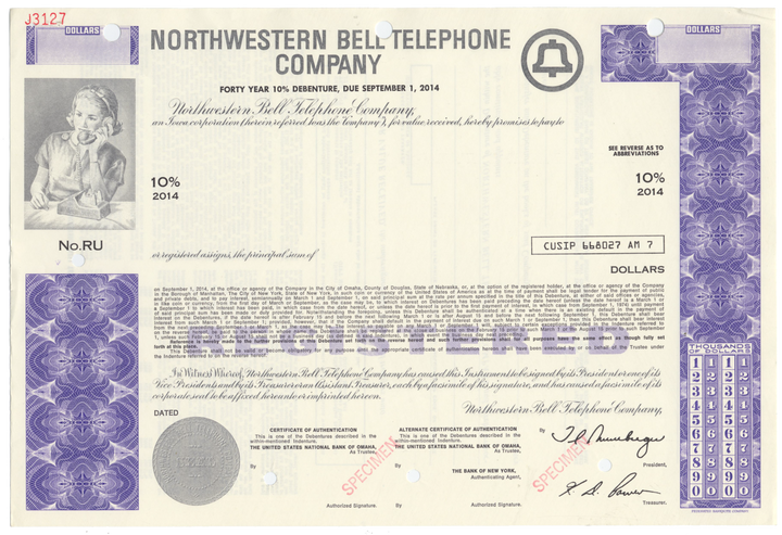 Northwestern Bell Telephone Company Specimen Bond Certificate