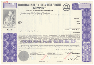 Northwestern Bell Telephone Company Specimen Bond Certificate