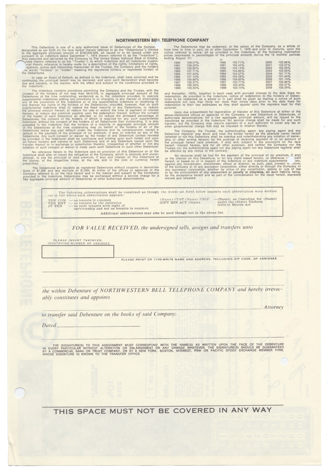 Northwestern Bell Telephone Company Specimen Bond Certificate