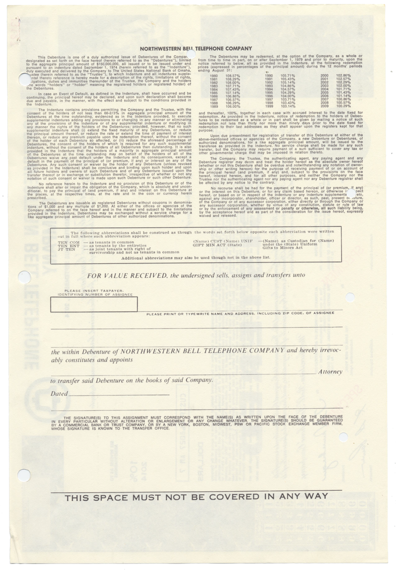 Northwestern Bell Telephone Company Specimen Bond Certificate