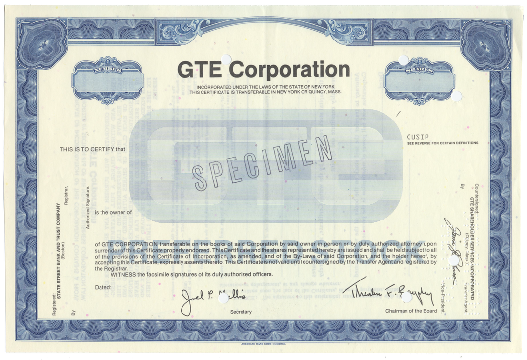 GTE Corporation Specimen Stock Certificate