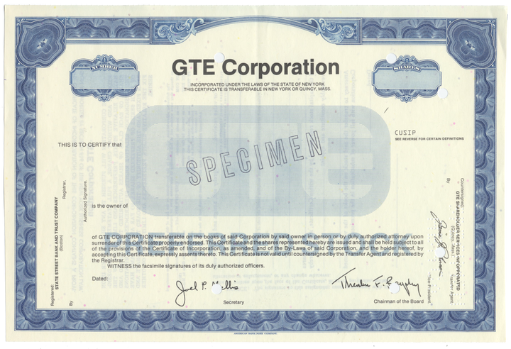 GTE Corporation Specimen Stock Certificate