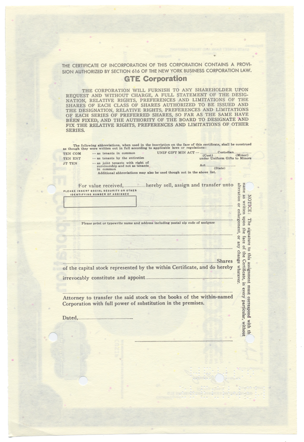 GTE Corporation Specimen Stock Certificate